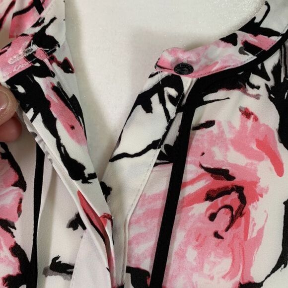 Karl Lagerfeld White, Black & Pink Floral Cold Shoulder Blouse Top - Picture 10 of 12